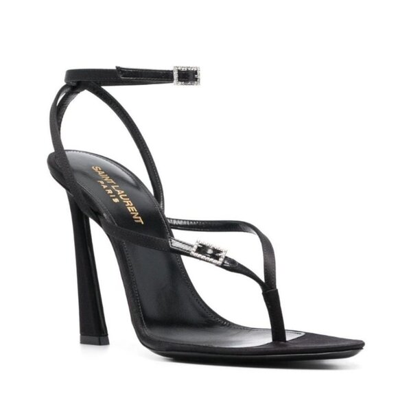 NWT Saint Laurent Nadja 105 Sandals Black Crepe Satin Ankle Strap High Heels - Picture 1 of 15